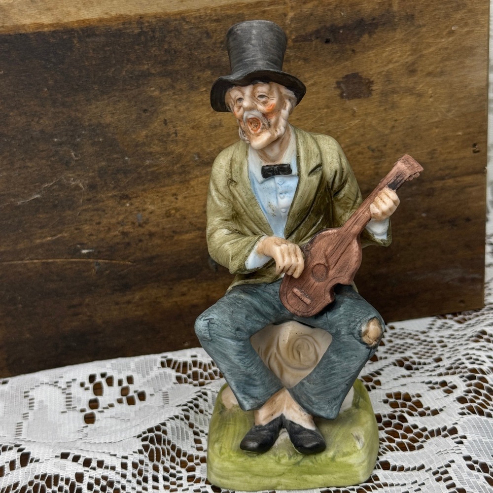 Vintage Ceramic Hobo Musician Figurine Top Hat Singing Street Performer Folk Art